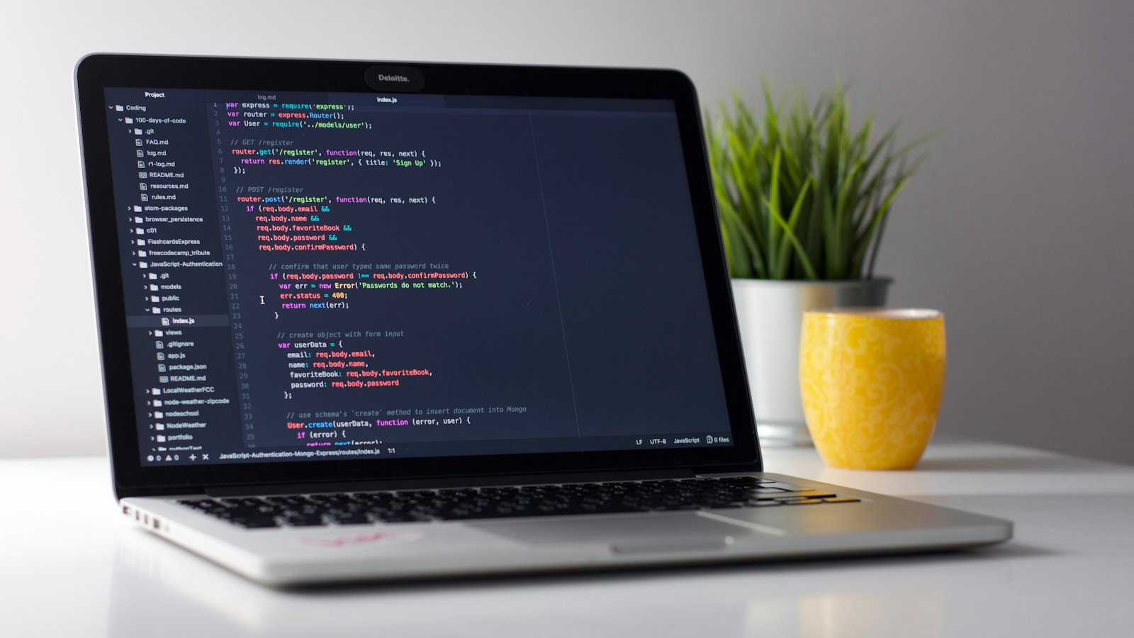 A code editor open on a laptop next to a small desk plant