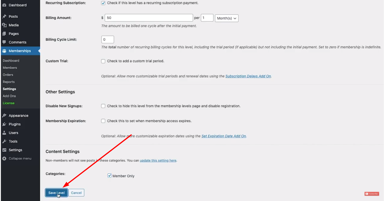 Create a membership website with WordPress for free: SCs 3- Save Level